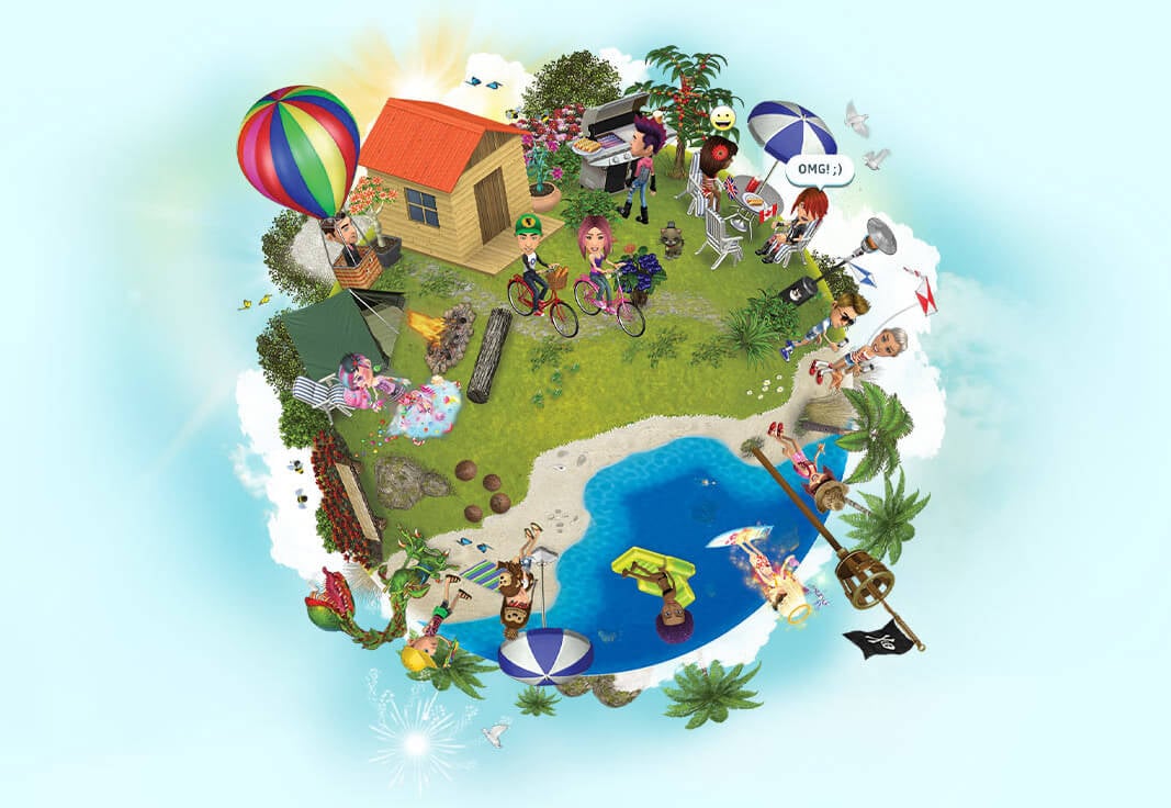 A LittleWorlds globe filled with spaces, avatars and activities